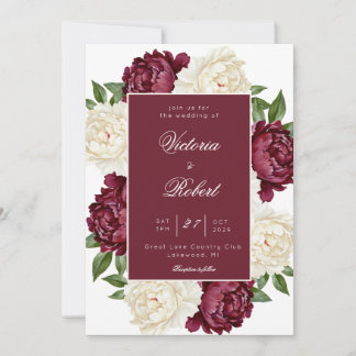 Convite Casamento Floral de Peônia Creme e Burgundy Vinho 
