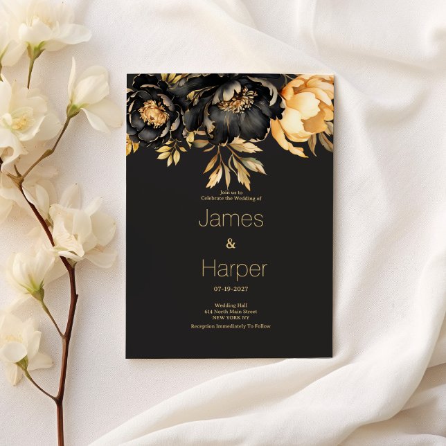 Convite Casamento floral de peônia dourada preta de luxo e (Luxury classy black gold peony floral Wedding)