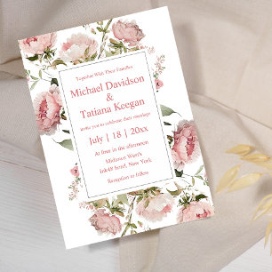 Convite Casamento Floral de Peônia Rosa Água-Marinha Cláss