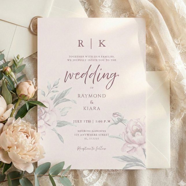 Convite Casamento Floral de Peônia Rosa Desbotada Minimali (pink peony personalized wedding invitation)