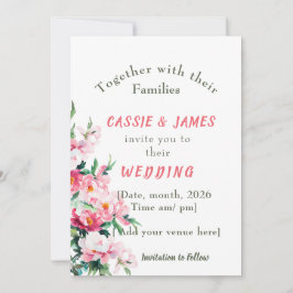 Convite Casamento Floral de Peônia Rosa Suave e Eucalipto