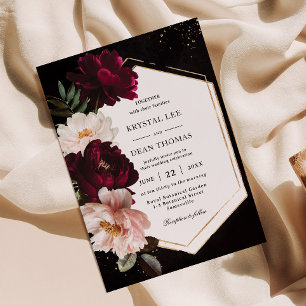 Convite Casamento Floral de Peônias com Tom de Borgonha Es