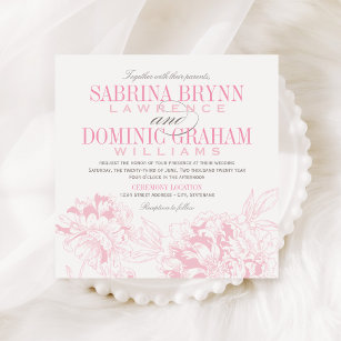 Convite Casamento Floral de Peônias de Cinzas Rosa Elegant