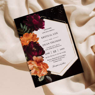 Convite Casamento Floral de Peônias Laranja Borgonha Sombr