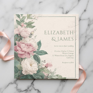 Convite Casamento Floral de Peônias Rosa em Aquarela Paste