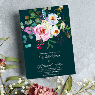 Convite Casamento floral de peônias verdes, cor-de-rosa br
