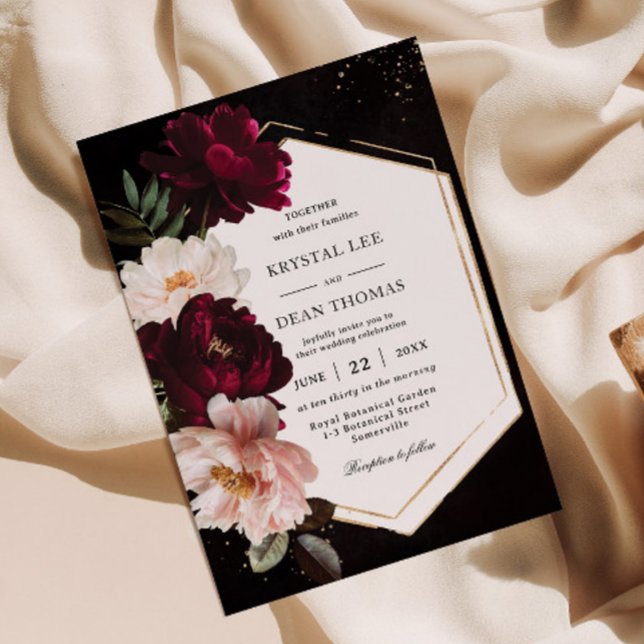 Convite Casamento Floral de Peônias Vermelho-Bordô Escuro  (Criador carregado)