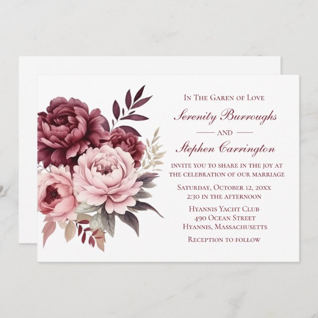 Convite Casamento Floral de Peony Burgundy Pink Watercolor (Frente/Verso)