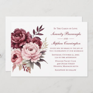 Convite Casamento Floral de Peony Burgundy Pink Watercolor