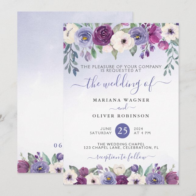 Convite Casamento Floral de Pergueiro Fuchsia Blush Waterc (Frente/Verso)