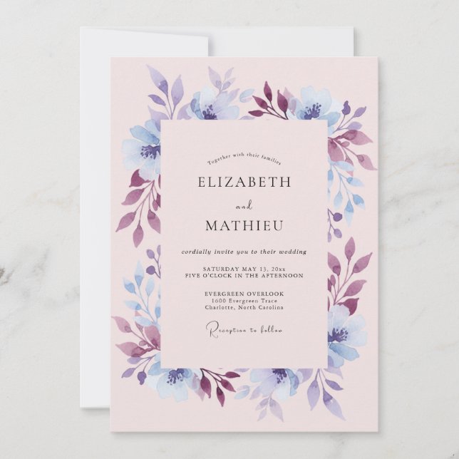 Convite Casamento Floral de Periwinkle na Floresta (Frente)