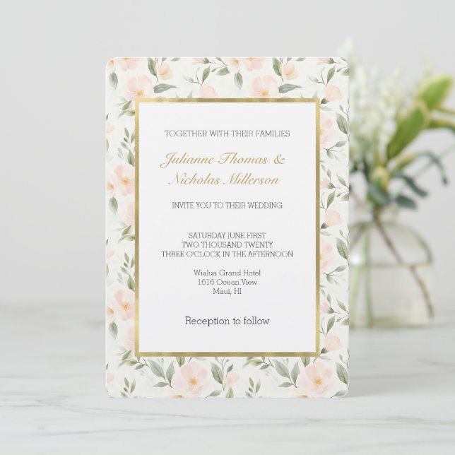 Convite Casamento Floral de Pêssego (Em pé/Frente)