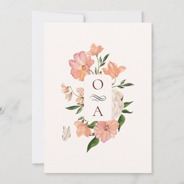 Convite Casamento floral de pêssego (Frente)