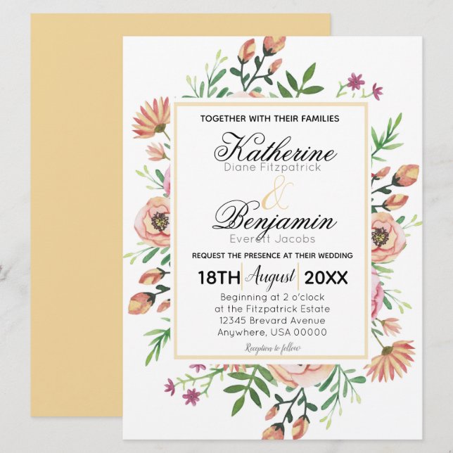Convite Casamento Floral de Pêssego (Frente/Verso)
