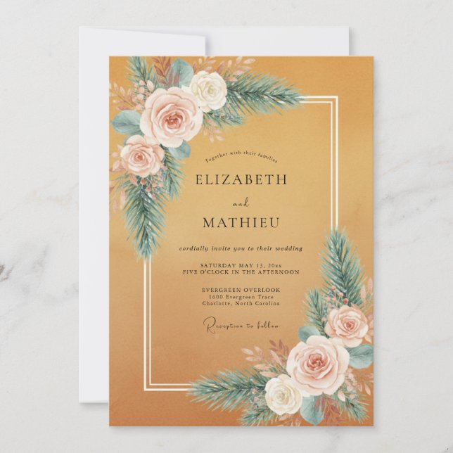 Convite Casamento Floral de Pêssego (Frente)