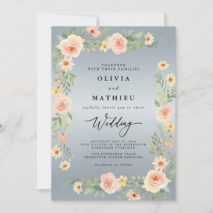 Convite Casamento Floral de Pêssego Azul