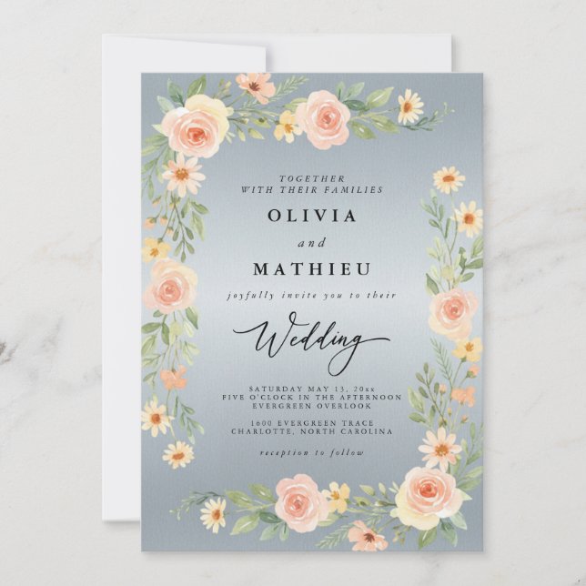 Convite Casamento Floral de Pêssego Azul (Frente)