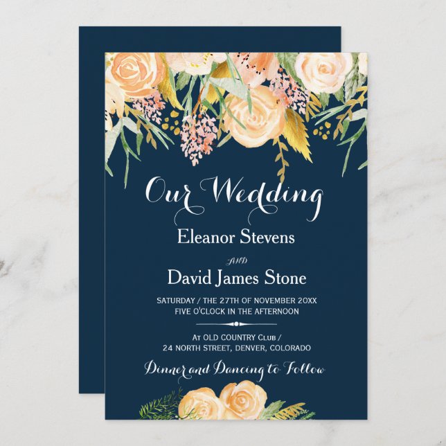 Convite Casamento floral de pêssego azul-marinho de invern (Frente/Verso)