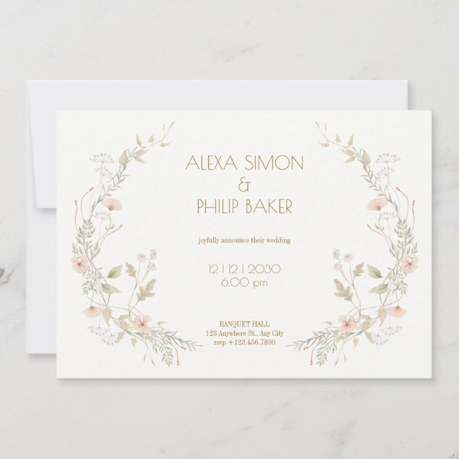Convite Casamento Floral de Pêssego Branco (Frente)