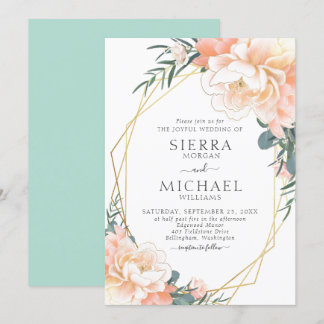 Convite Casamento Floral de Pêssego Dourado com Blush Verd