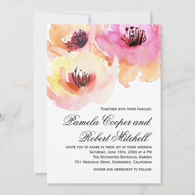 Convite Casamento Floral de Pêssego e Aquarela Rosa (Frente)