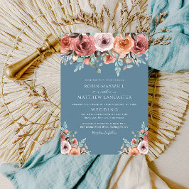Convite Casamento Floral de Pêssego e Azul-poeirento