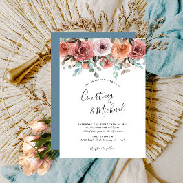 Convite Casamento Floral De Pêssego Eetal Azul, Blush