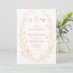 Convite Casamento Floral de Pêssego Elegante Coroa Botânic