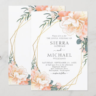 Convite Casamento Floral de Pêssego Pêssego Chic Dourado
