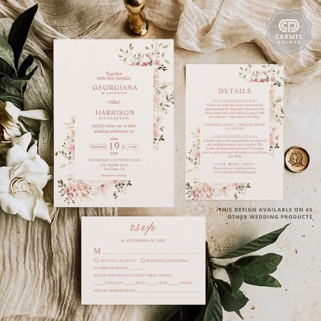Convite Casamento Floral De Pêssego Rosa Pálido Flores De  (Pale Pink Soft Light Peach Flowers Floral Wedding Invitation)