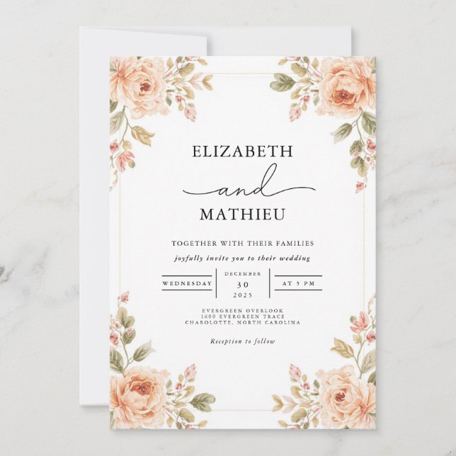 Convite Casamento Floral de Pêssego Suave (Frente)