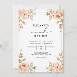 Convite Casamento Floral de Pêssego Suave
