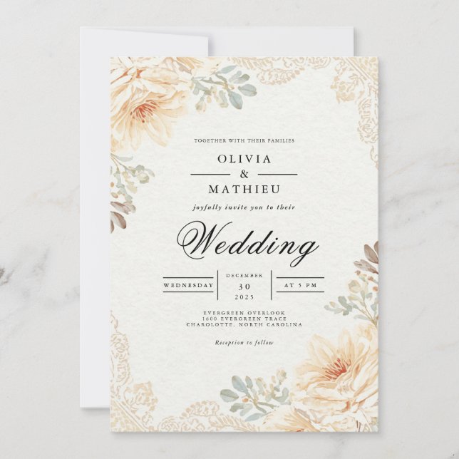 Convite Casamento Floral de Pêssego Suave (Frente)