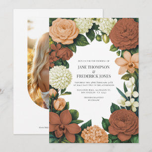 Convite Casamento Floral de Pêssego, Terracota e Creme