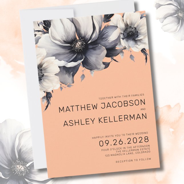 Convite Casamento Floral de Pessegueiros Elegantes (Modern Elegant Watercolor Floral Peach Wedding Invitation)