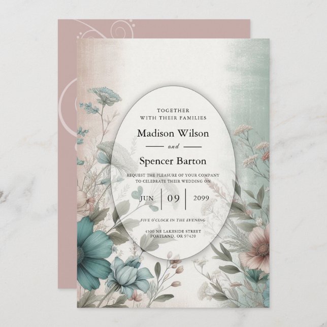 Convite Casamento Floral de Petais Suaves e Serenidade Sua (Frente/Verso)