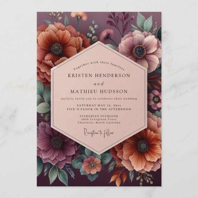 Convite Casamento Floral de Plumagem Antiga (Frente)