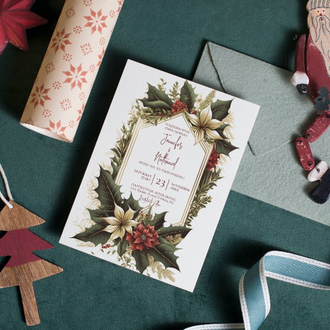 Convite Casamento Floral de Poinsettia Burgundy Dourada Xm (Criador carregado)