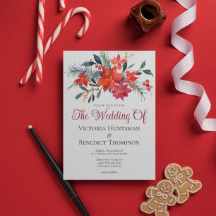 Convite Casamento Floral de Poinsettia no Natal Vermelho E