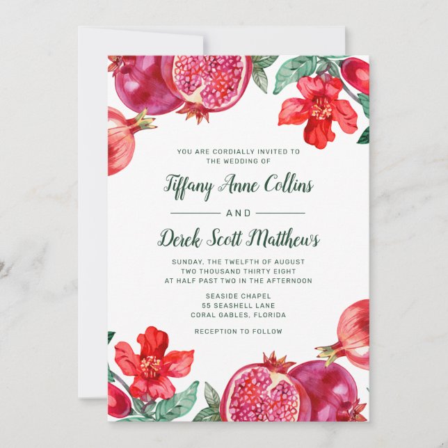 Convite Casamento Floral de Pomegranato de Watercolor (Frente)