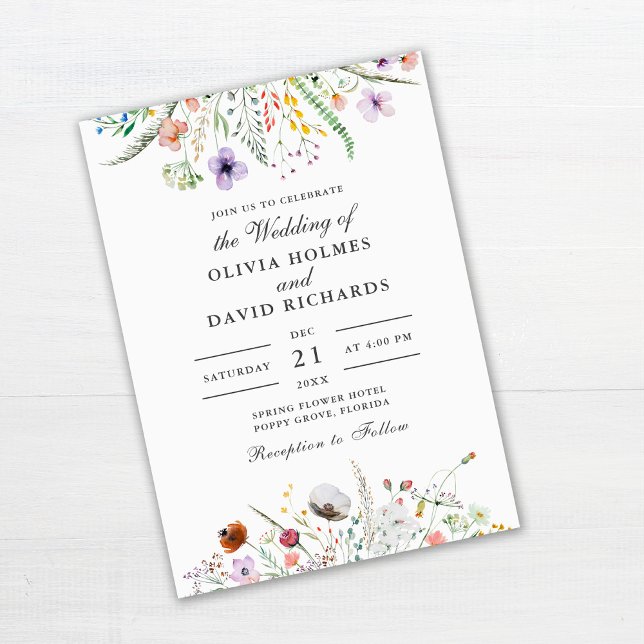 Convite Casamento Floral de Prado de Flores Silvestres Col (Wildflower Meadow Wedding Invitation on off-white background)