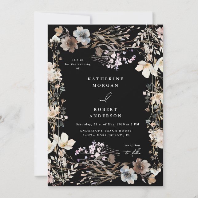 Convite Casamento Floral de Prado Outonal Empoeirado (Frente)