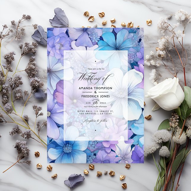 Convite Casamento Floral de Prata, Azul Icy e Lilac (Criador carregado)