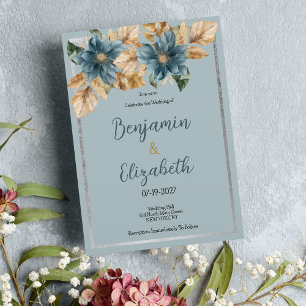 Convite Casamento floral de prata azul-marrom botulínico
