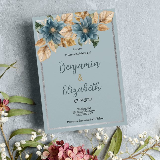 Convite Casamento floral de prata azul-marrom botulínico (Botanic mauve blue brown silver floral Wedding )