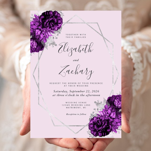 Convite Casamento Floral de Prata com Ameixa Roxa Lilás (Criador carregado)