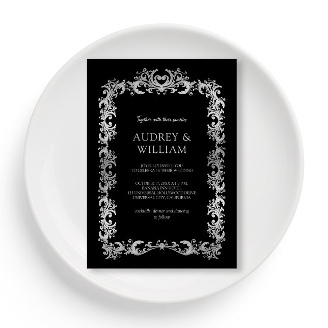 Convite Casamento Floral de Prata Elegante Personalizado (Personalized Elegant Silver Floral Wedding Invitation)