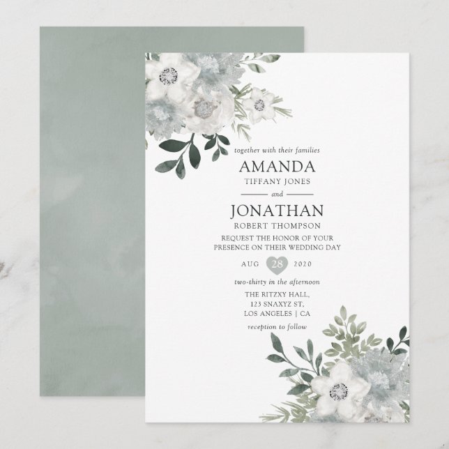 Convite Casamento Floral de Prata em Aquarela (Frente/Verso)