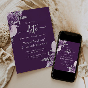 Convite Casamento Floral de Prata Lilac Roxo Salve a Data