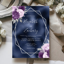 Convite Casamento Floral de Prata Púrpura marinho Foil Lil